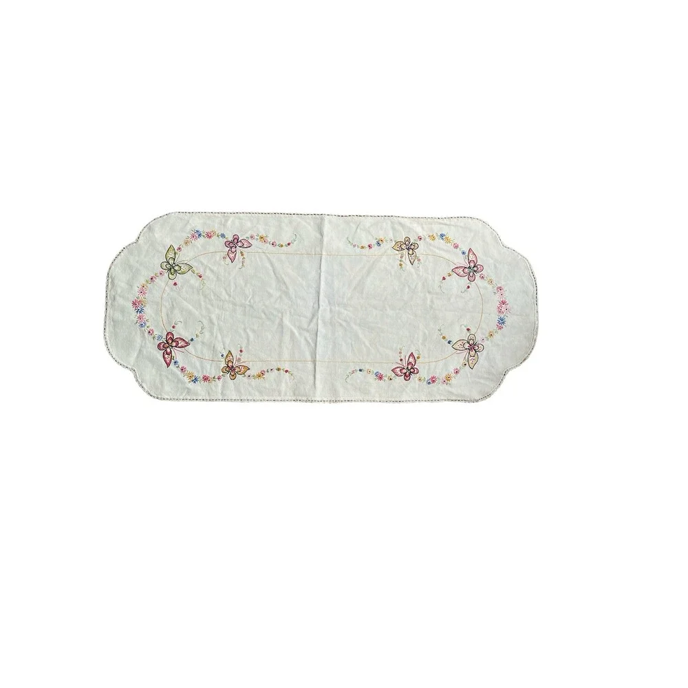 Vintage Embroidered Table Runner Butterfly Floral Dresser Scarf Linen